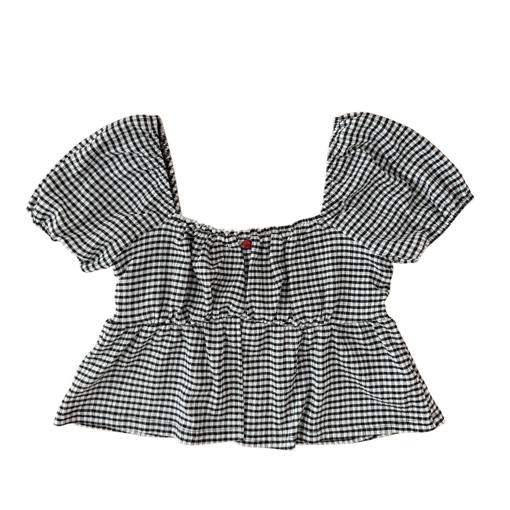 Y2K Gingham‎ Babydoll Top M Puff Sleeve Cropped Coquette Milkmaid Y2K Rosette